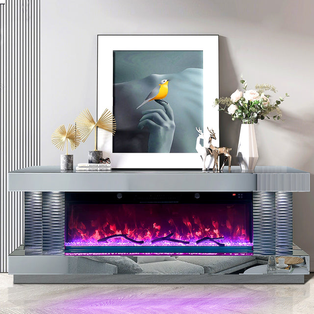 A90 TV Stand front view showing electric fireplace and glass mirror finish