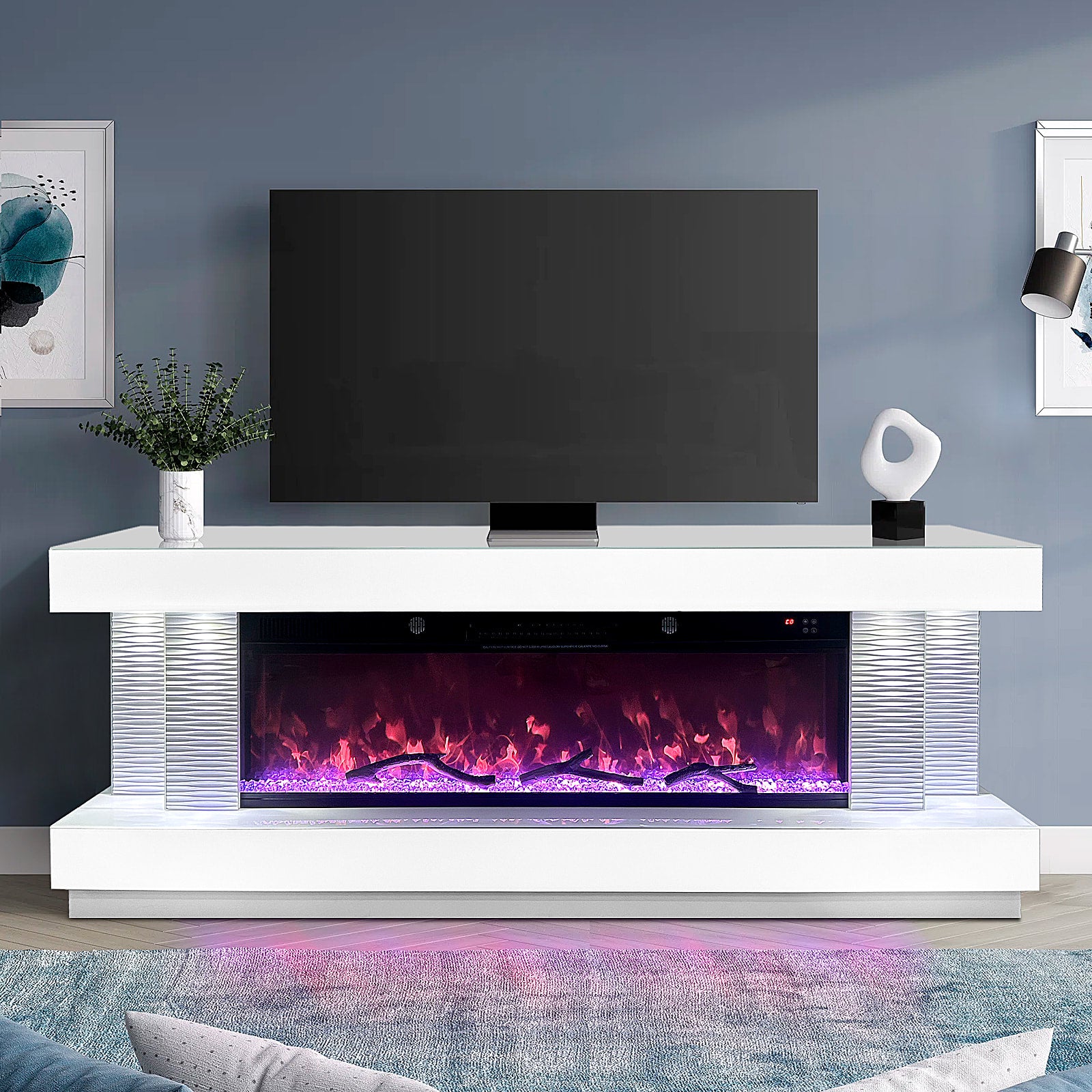 A91 TV Stand with electric fireplace and Bluetooth speaker from front angle