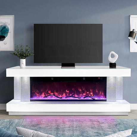 A91 TV Stand with electric fireplace and Bluetooth speaker from front angle
