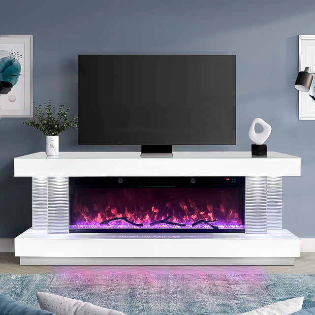 A91 TV Stand with electric fireplace and Bluetooth speaker from front angle