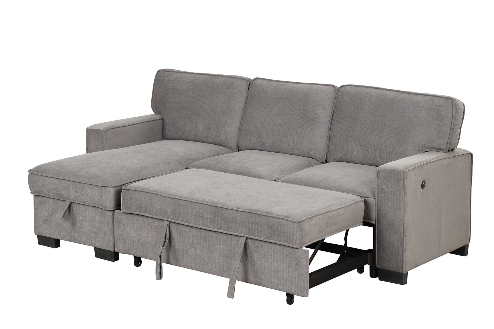 close-up detail of grey upholstery and armrest