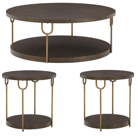 Brazburn Occasional Table Set in dark brown wood and gold finish, angled view