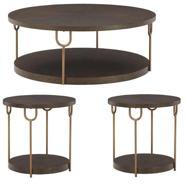Brazburn Occasional Table Set in dark brown wood and gold finish, angled view
