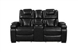Woodland Black 3-Piece Power Reclining Set close-up of sofa table with charging ports
