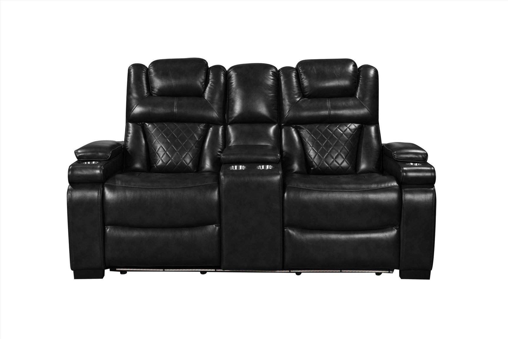 Woodland Black 3-Piece Power Reclining Set close-up of sofa table with charging ports