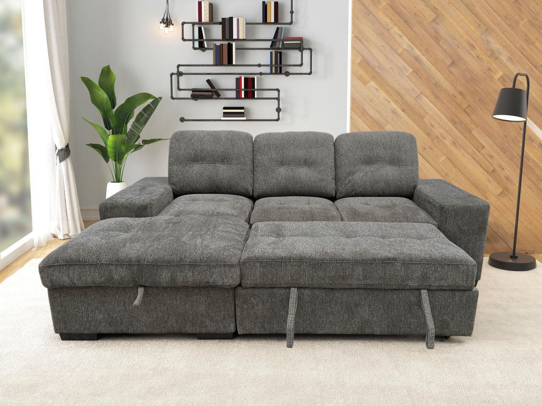 Side view of Kevin grey fabric sectional sofa showing pull-out bed