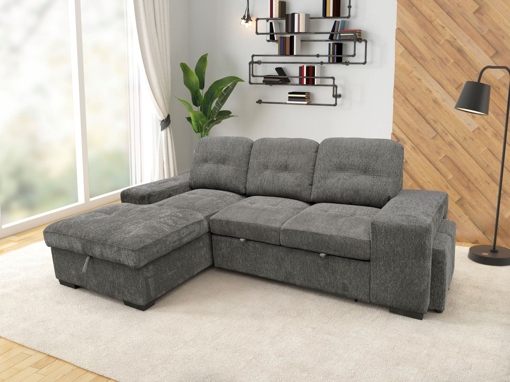 Close-up detail of grey fabric upholstery on Kevin sectional sofa with pull-out bed