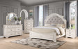 frontal view of Urban Gray Beige Upholstered Tufted Panel Bedroom Set bed in antique white