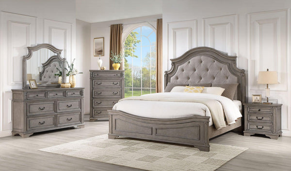 Urban Dark Gray Upholstered Tufted Panel Bedroom Set bed front angle