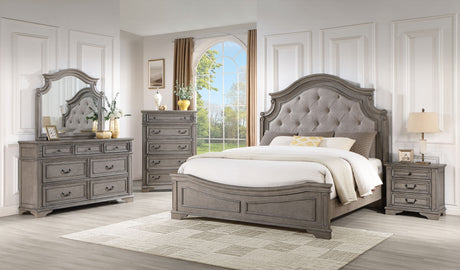 Urban Gray Upholstered Tufted Panel Bedroom Set showing front view of bed