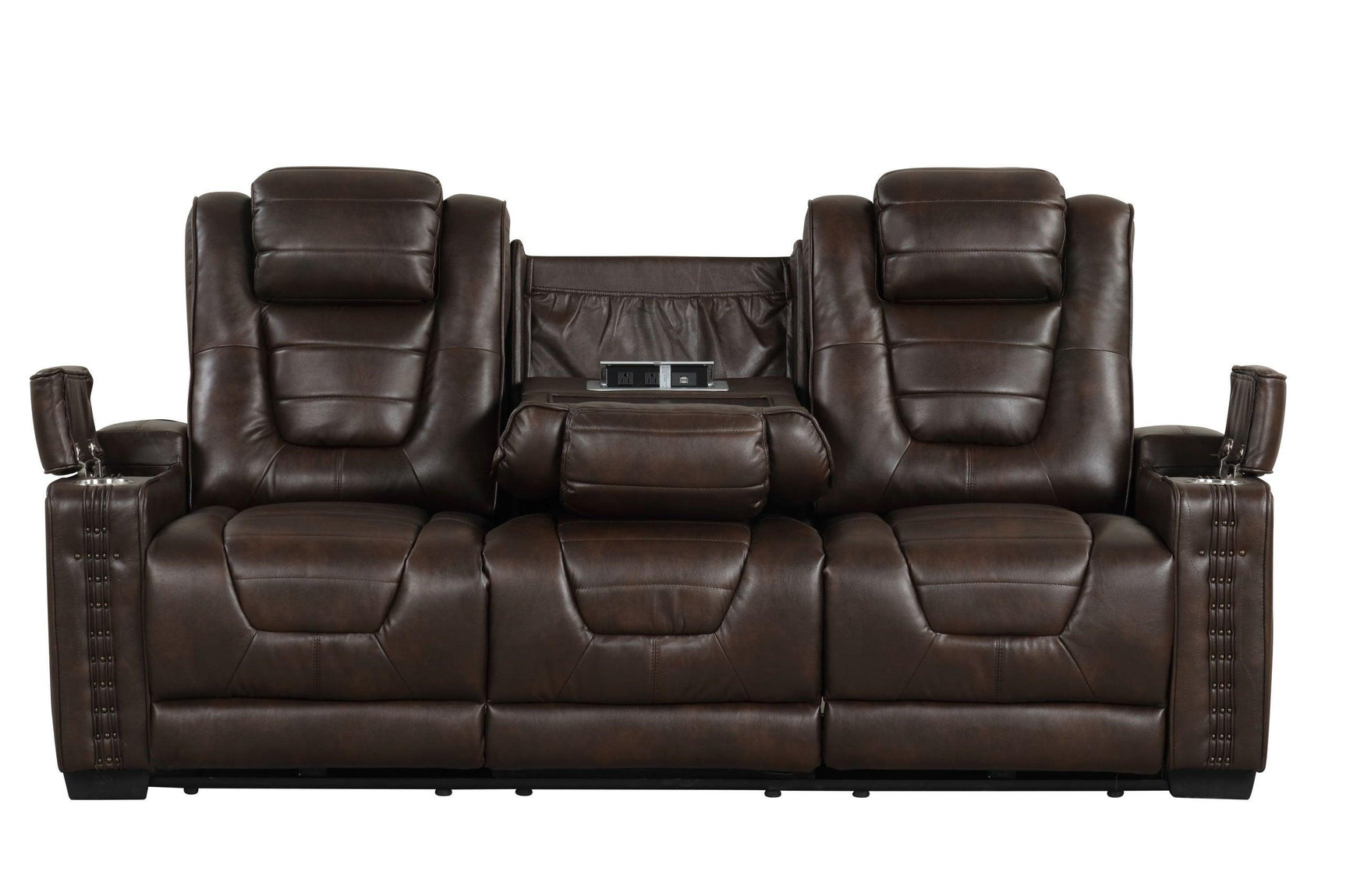 Eric Brown 3-piece power reclining set brown loveseat side view showing cup holders