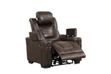 Eric Brown 3-piece power reclining set showing sofa drop-down table with USB and power outlets