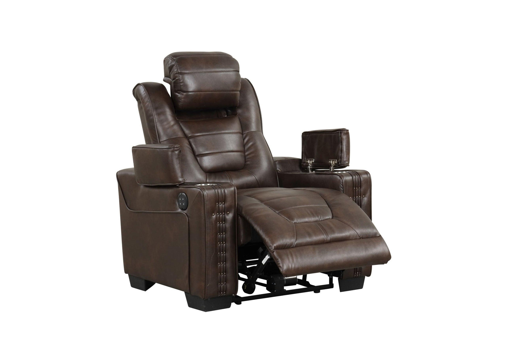 Eric Brown 3-piece power reclining set showing sofa drop-down table with USB and power outlets