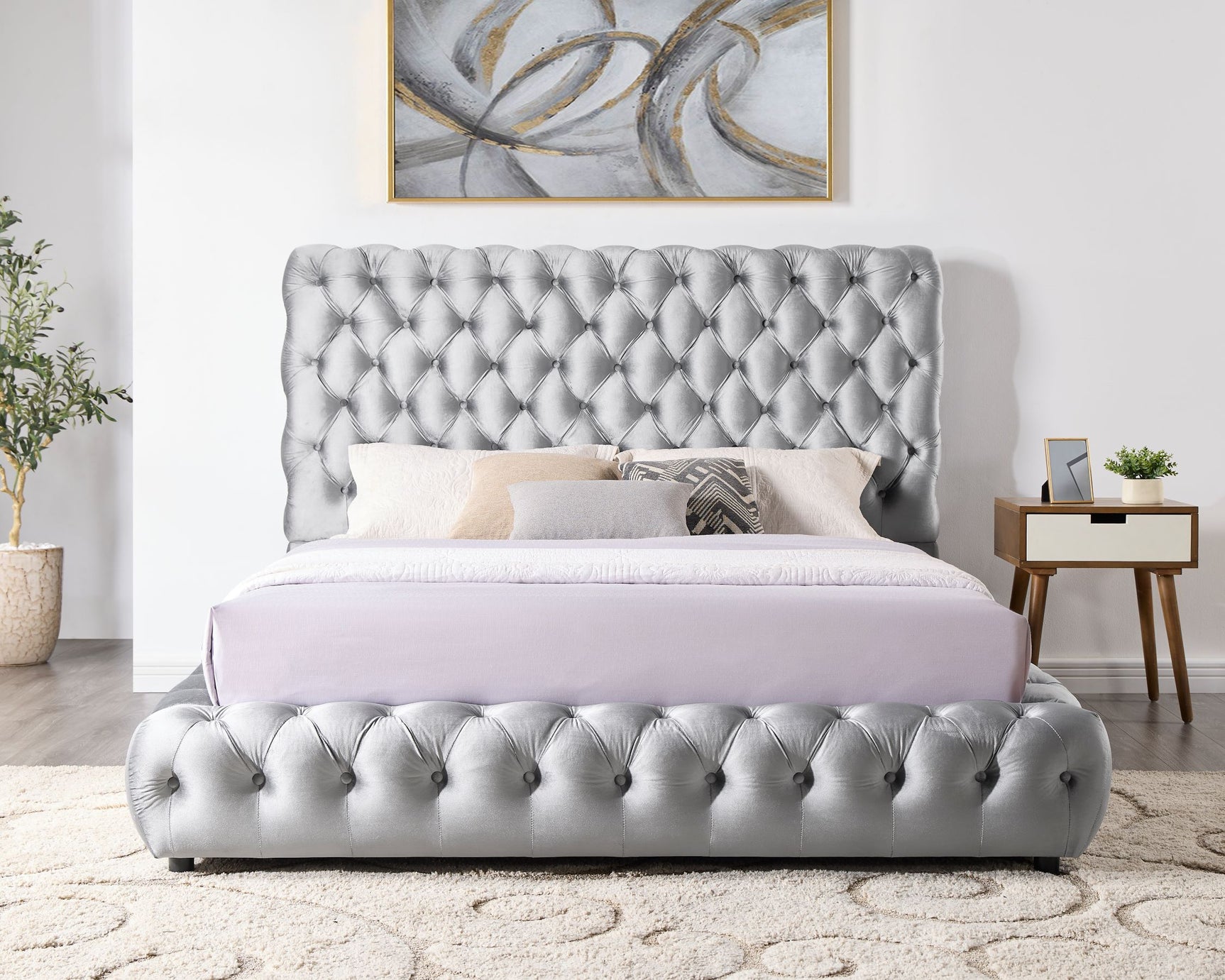 Dream Gray Velvet Platform King Bed, angled view