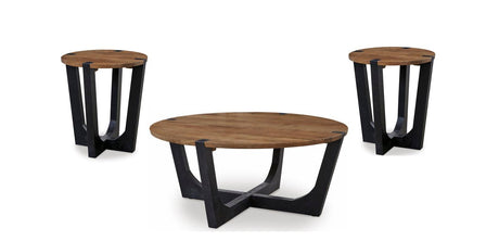 Hanneforth occasional table set front view with coffee and end tables in brown and black finish