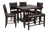 Side view of Dilan Cappuccino Counter Height Dining Set with bench and chairs