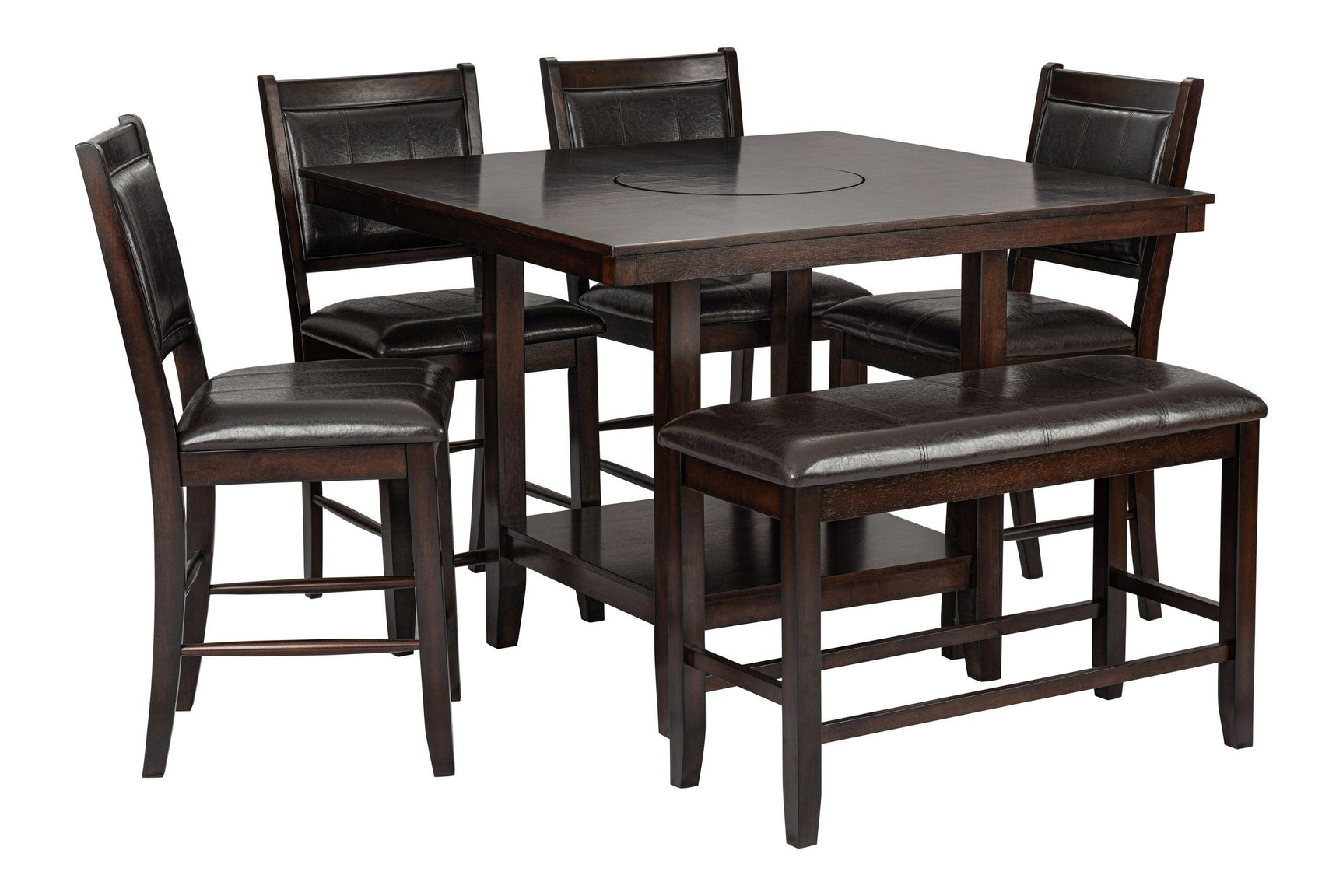 Side view of Dilan Cappuccino Counter Height Dining Set with bench and chairs