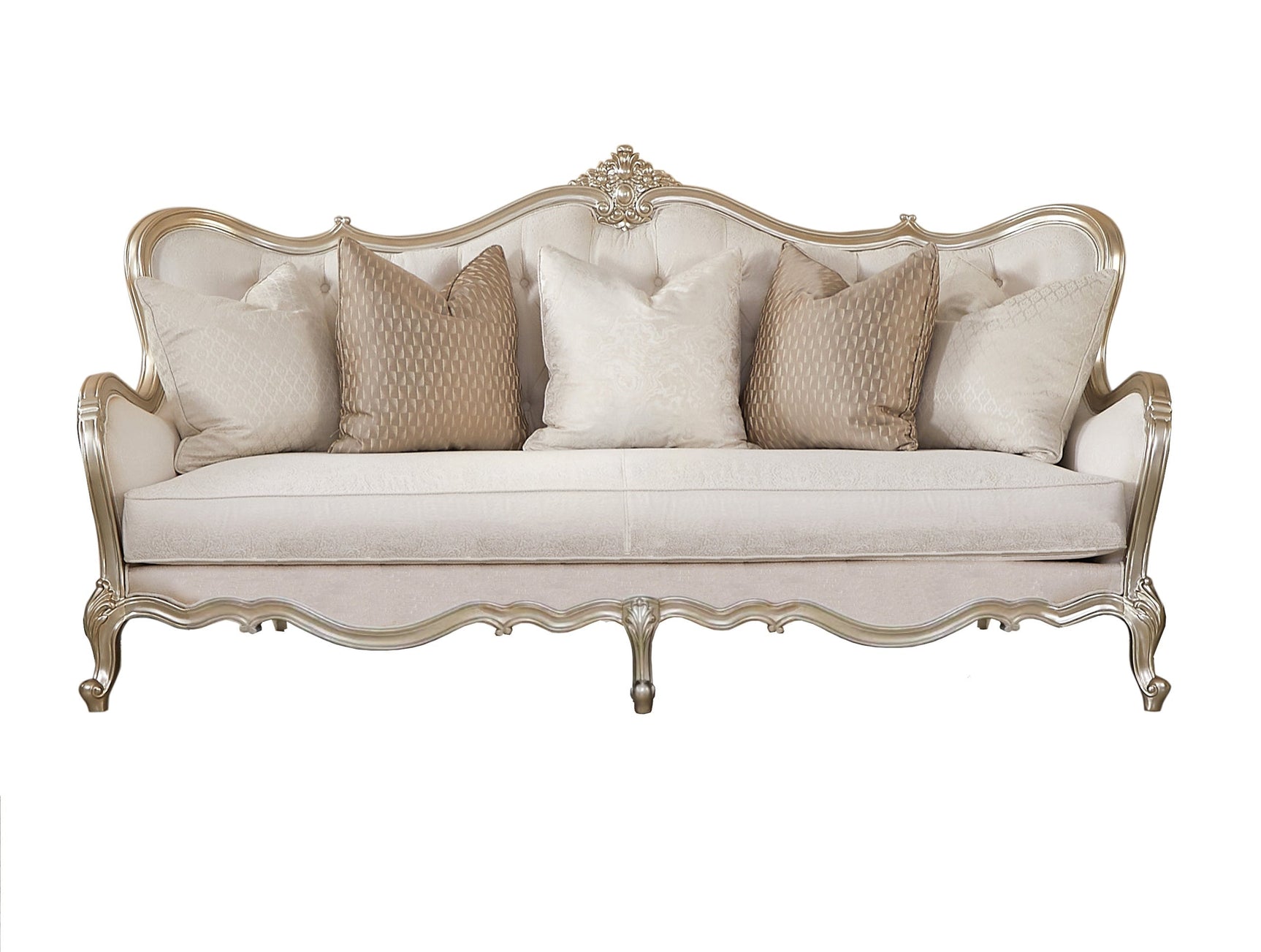side view of Anastasia cream fabric upholstered sofa loveseat set