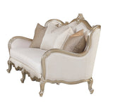 detailed close-up of cream fabric upholstery on Anastasia sofa set