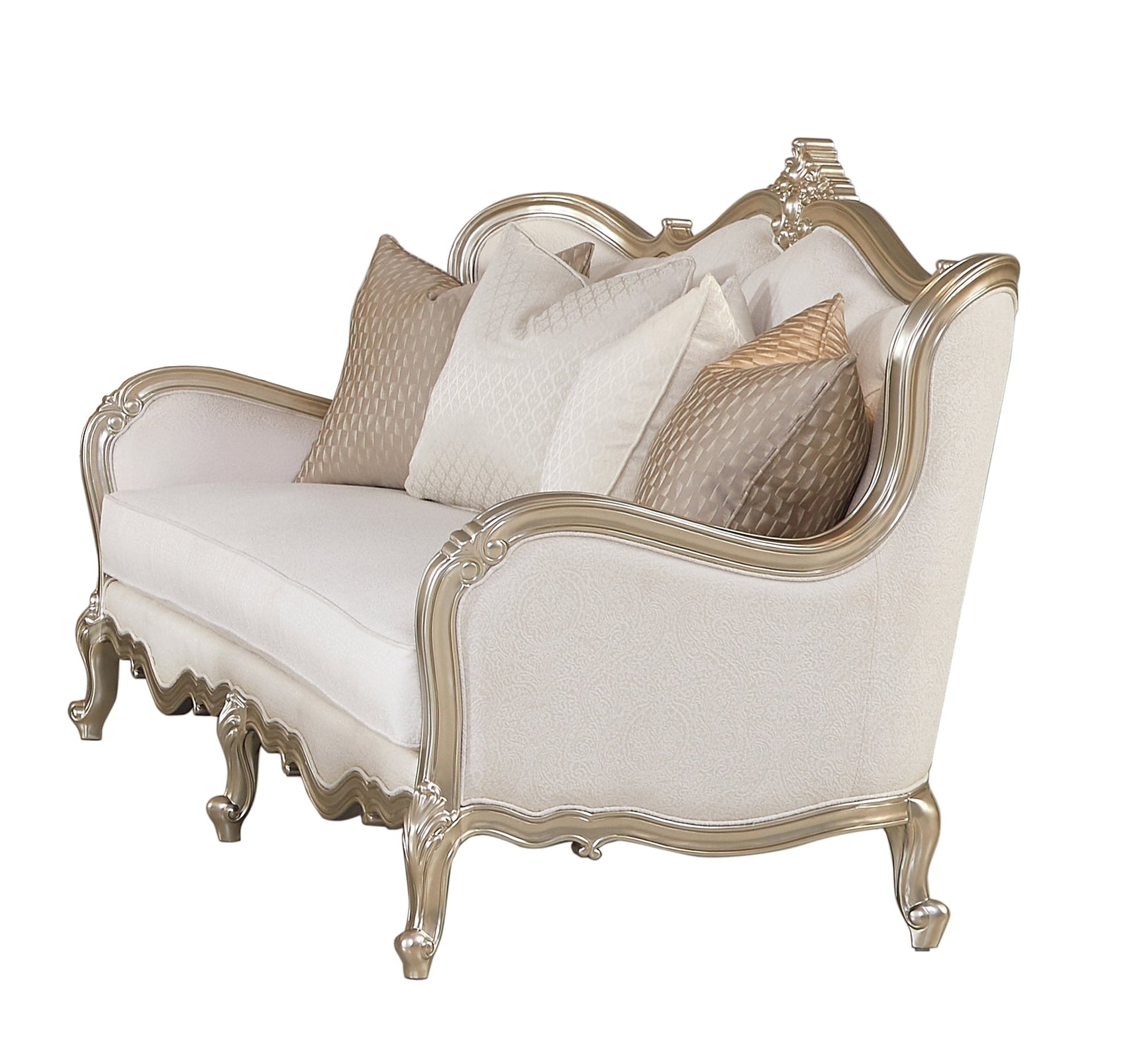 detailed close-up of cream fabric upholstery on Anastasia sofa set