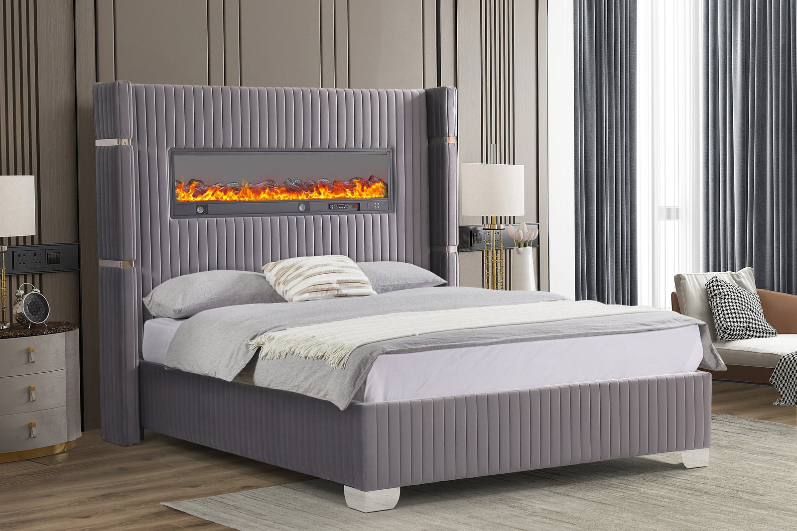 Romance Gray Multi Color Fireplace Platform King Bed