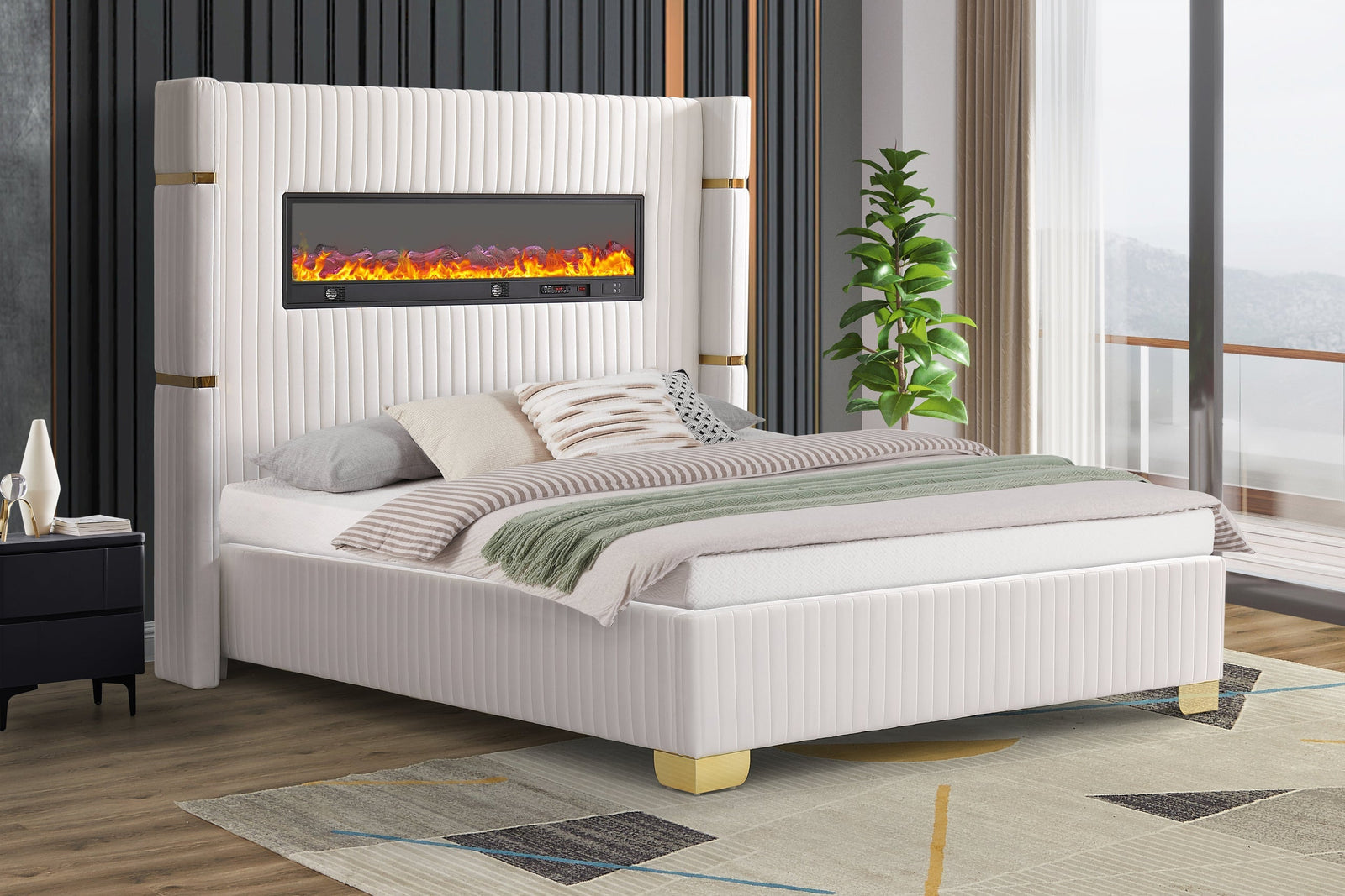 Romance White Multi Color Fireplace Platform Queen Bed
