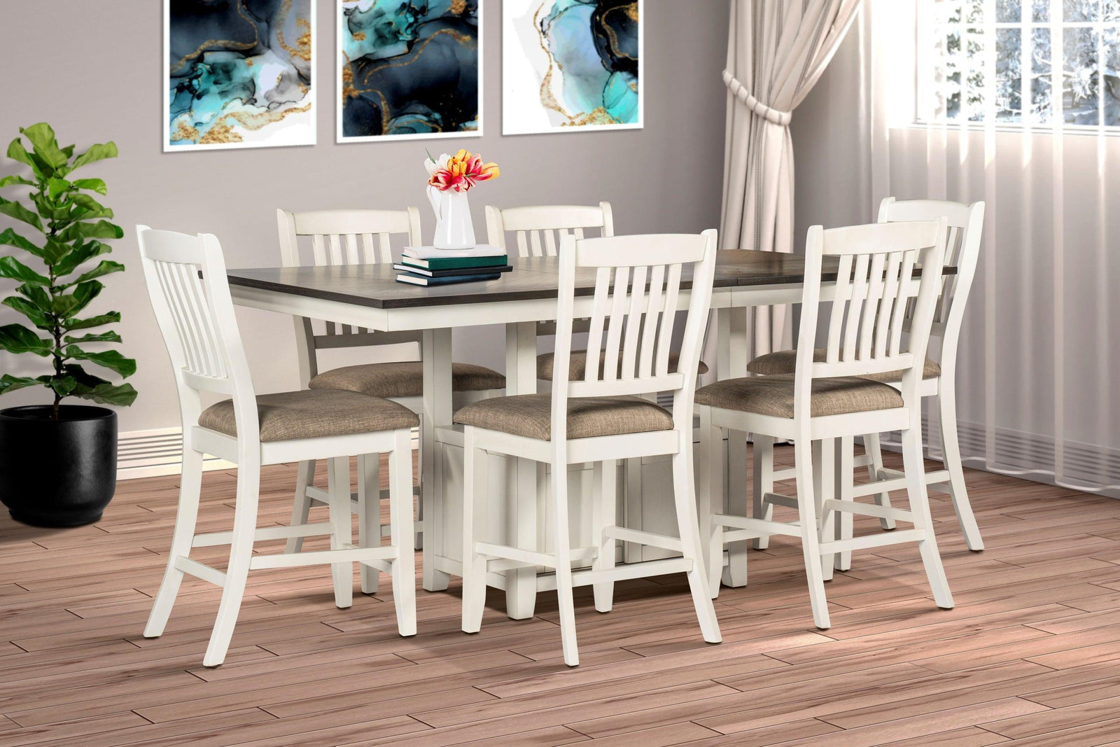 main view of White Brown Fabric Dining Room Set dining room furniture