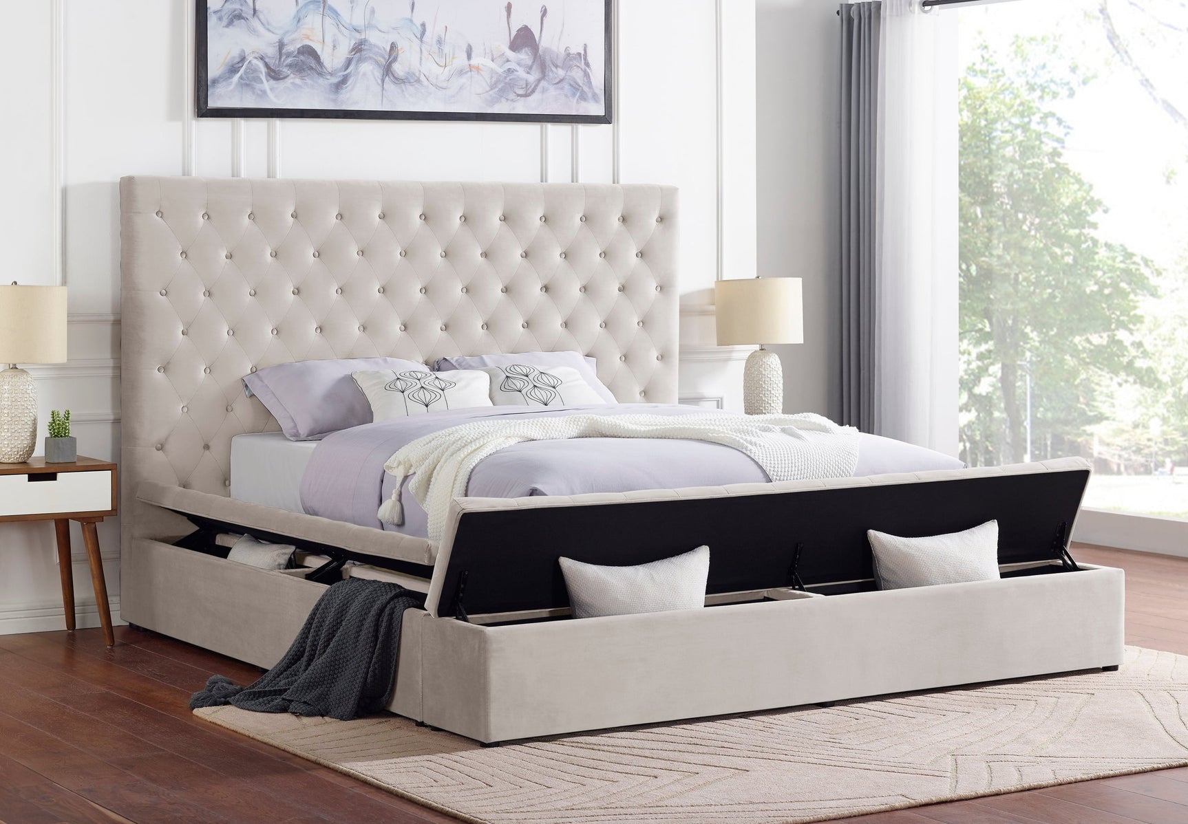 Paris Beige Velvet Upholstered Tufted Platform Queen Bed