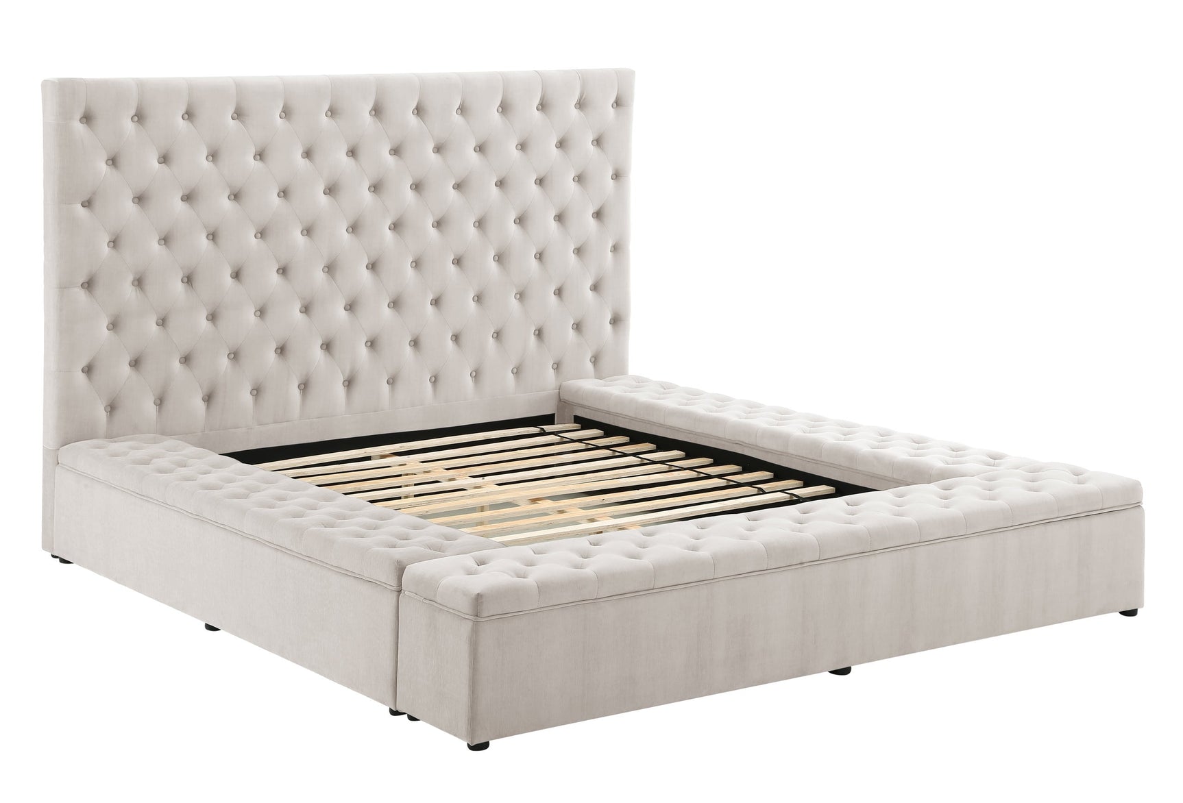Paris Beige Velvet Upholstered Tufted Platform Queen Bed