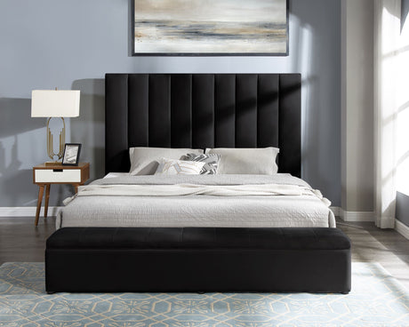 Valencia Black Velvet Upholstered Queen Platform Bed, angled side view