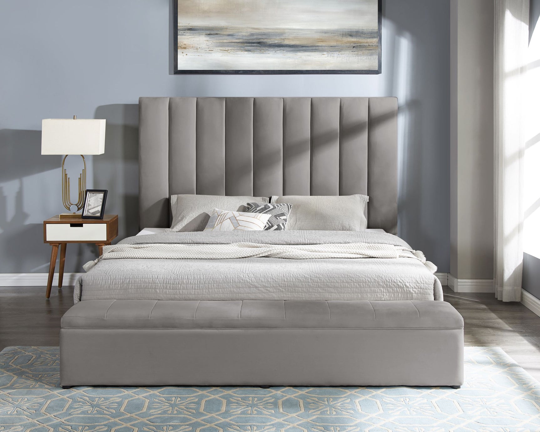 side view of Valencia Gray Platform Queen Bed bed