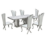 Close-up of marble table top and stainless steel legs