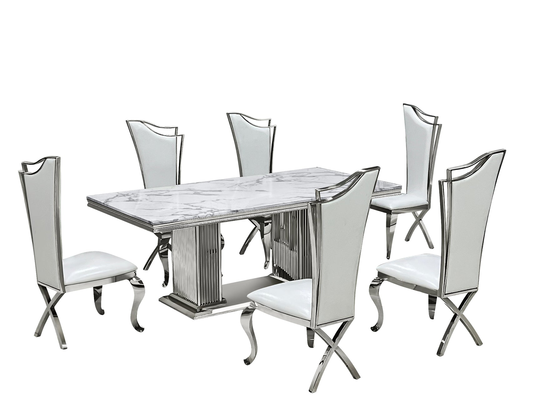 Close-up of marble table top and stainless steel legs