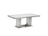 Dining table with 6 white chairs set up