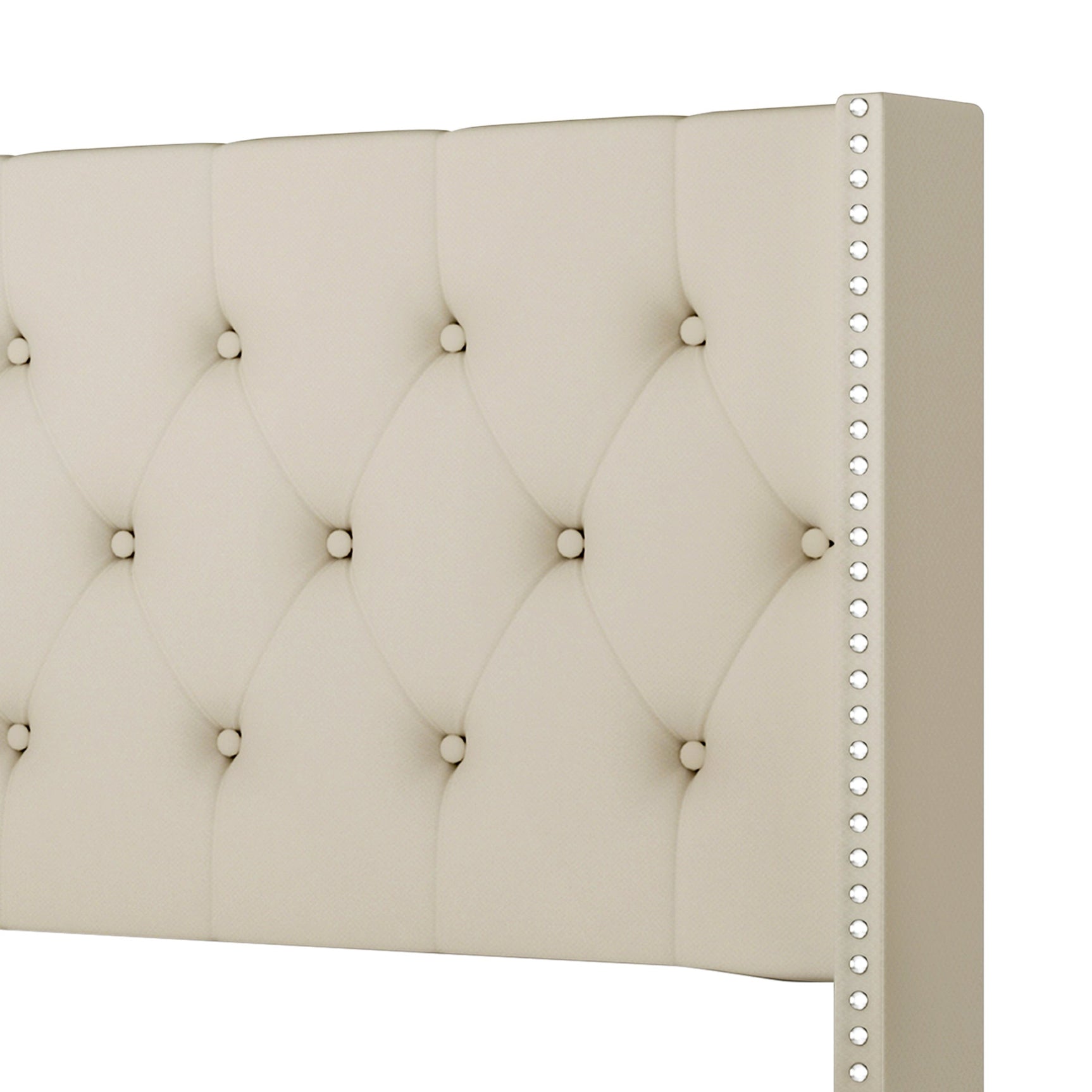 Side view of Paddy beige tufted upholstered platform king bed