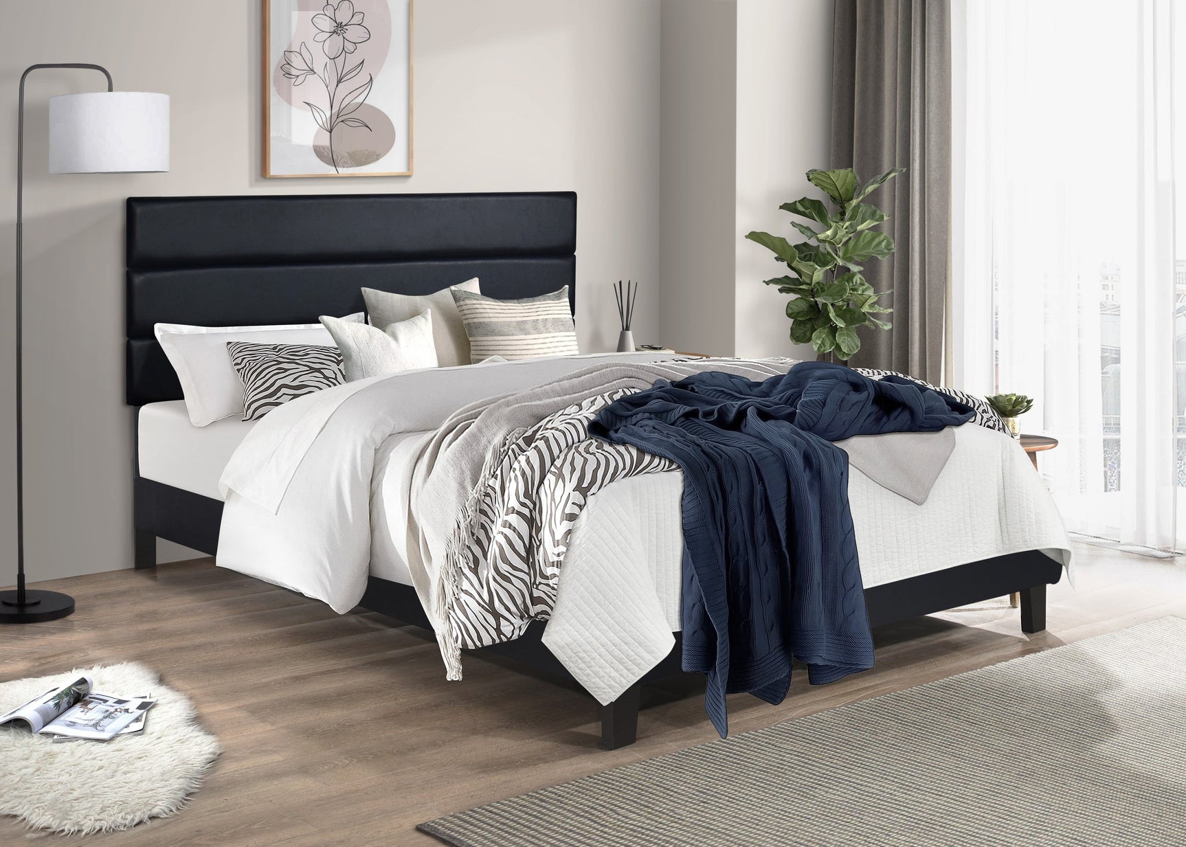 Welly Black Velvet Upholstered Platform Queen Bed