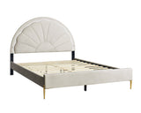 Close-up of LED lights integrated into Flora beige platform bed headboard