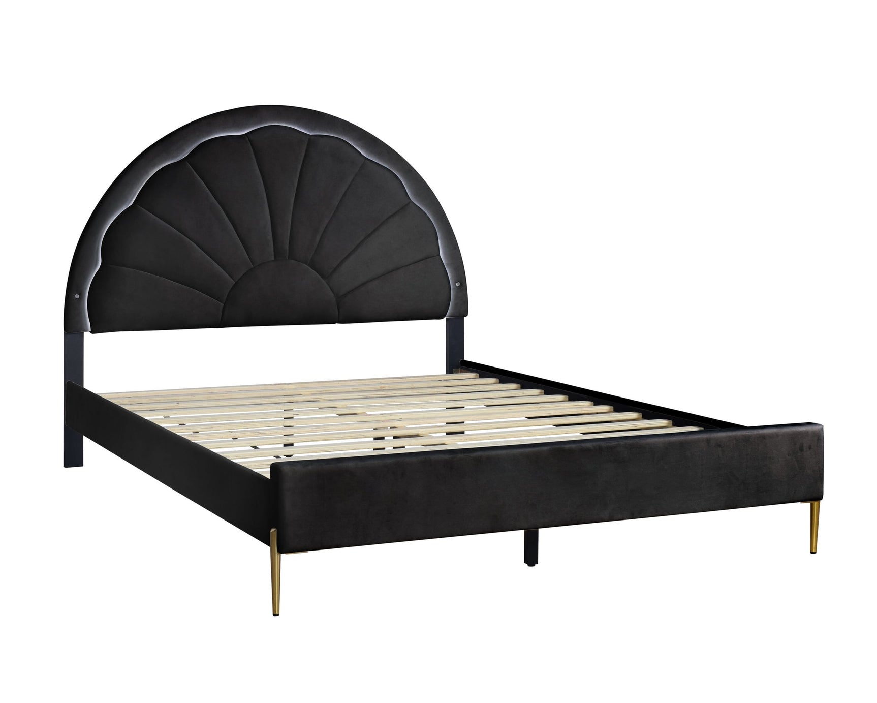 Close-up of Flora Black Platform Bed LED light detail on headboard