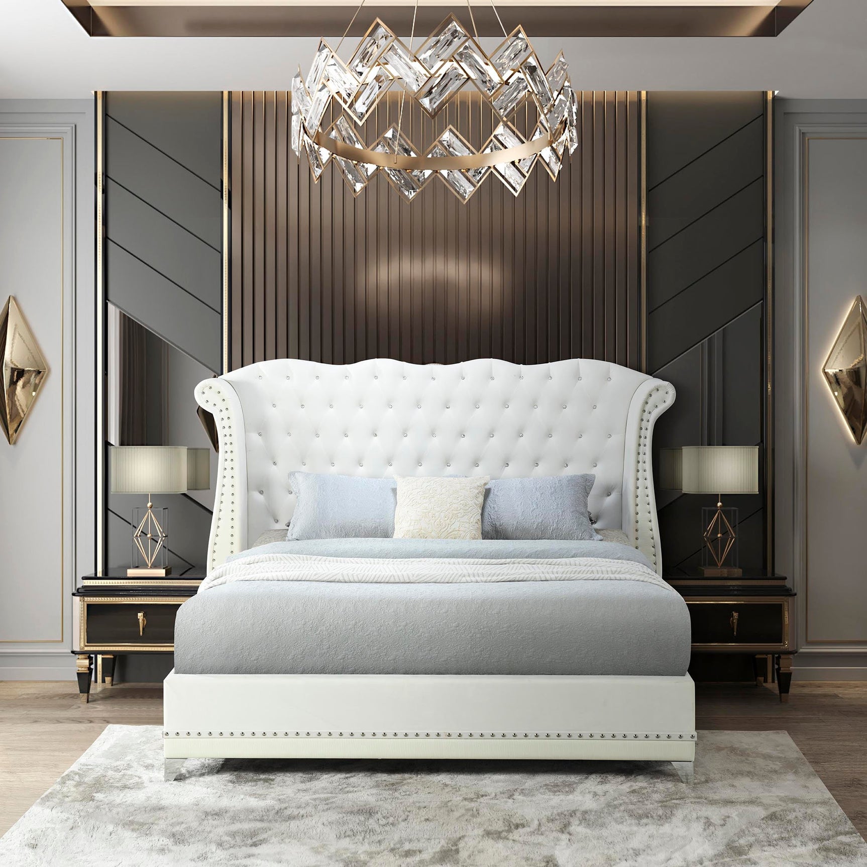 Luxor White Velvet Upholstered Tufted Platform Queen Bed