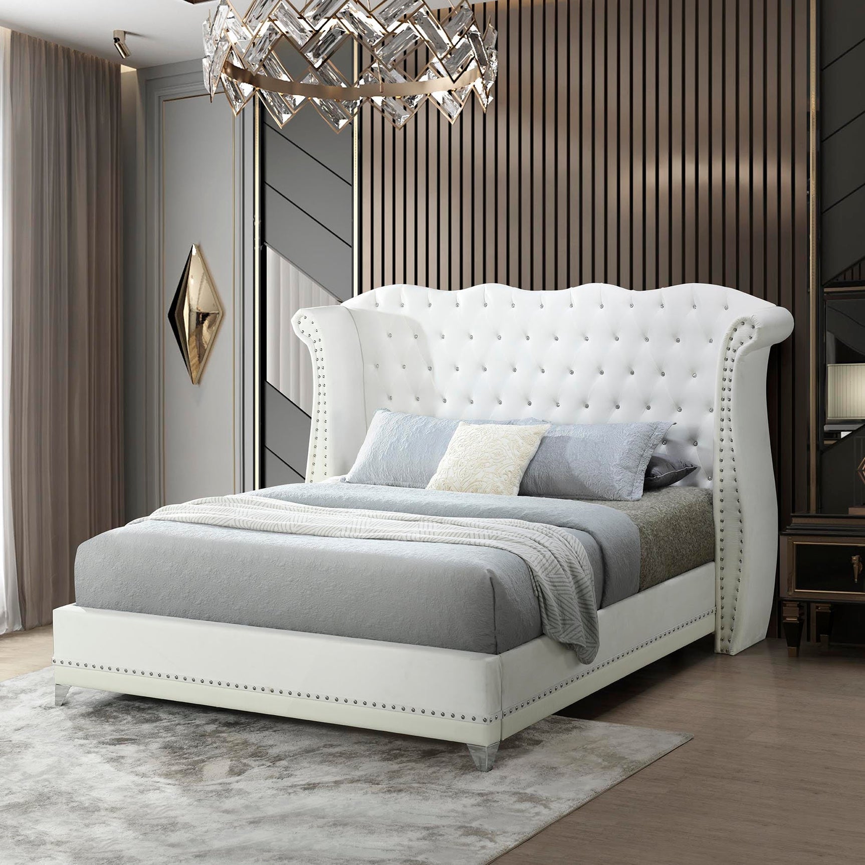 Luxor White Velvet Upholstered Tufted Platform Queen Bed