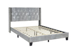 Silver velvet tufted platform king bed, side detail view