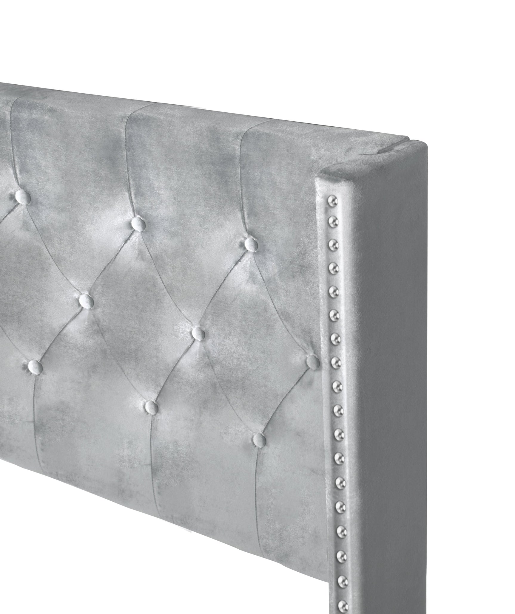 Silver Velvet Upholstered Tufted Platform Queen Bed, close-up of tufted headboard