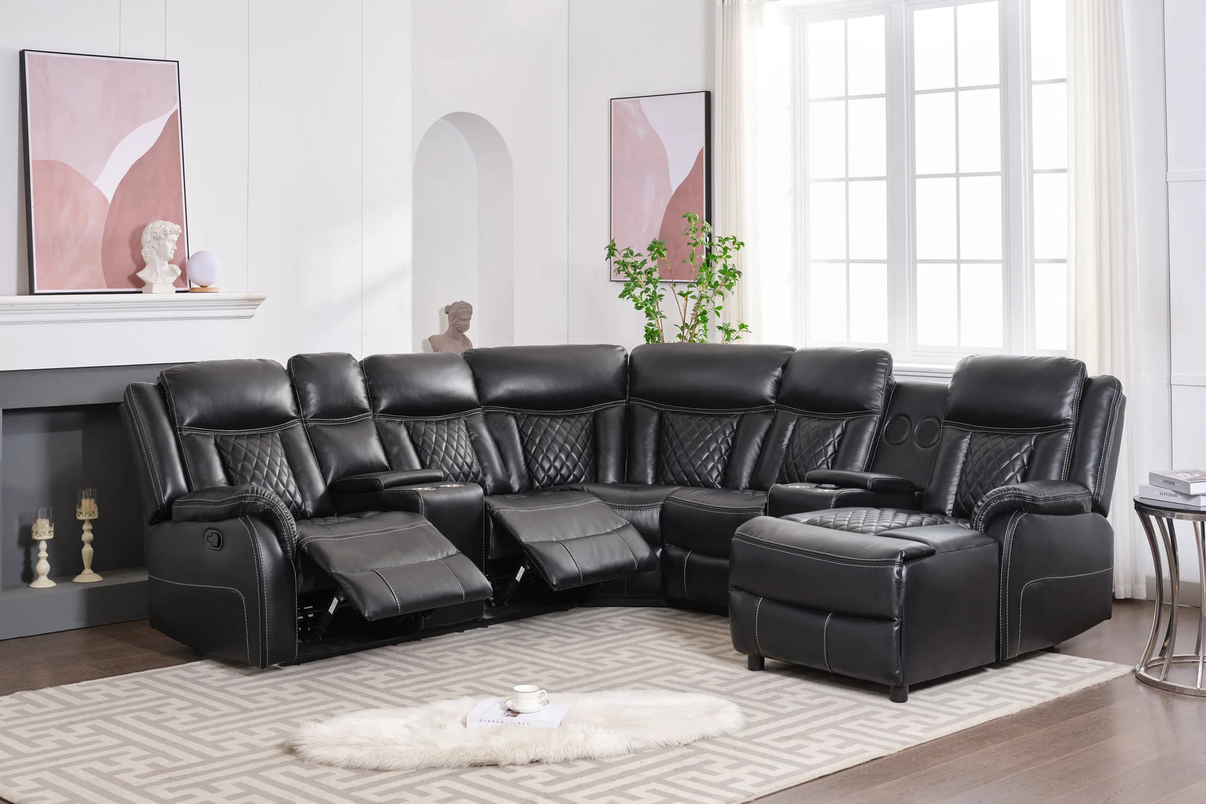 Close-up of Bluetooth speaker and charging ports on Champion sectional
