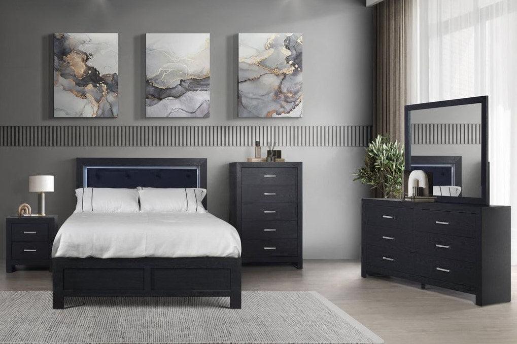 Moonlight Black Panel Bedroom Set main view with black panel bed and matching dresser