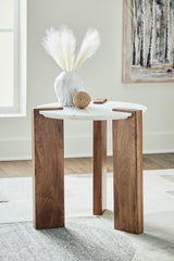 Isanti marble top occasional end table in white and brown, side angle