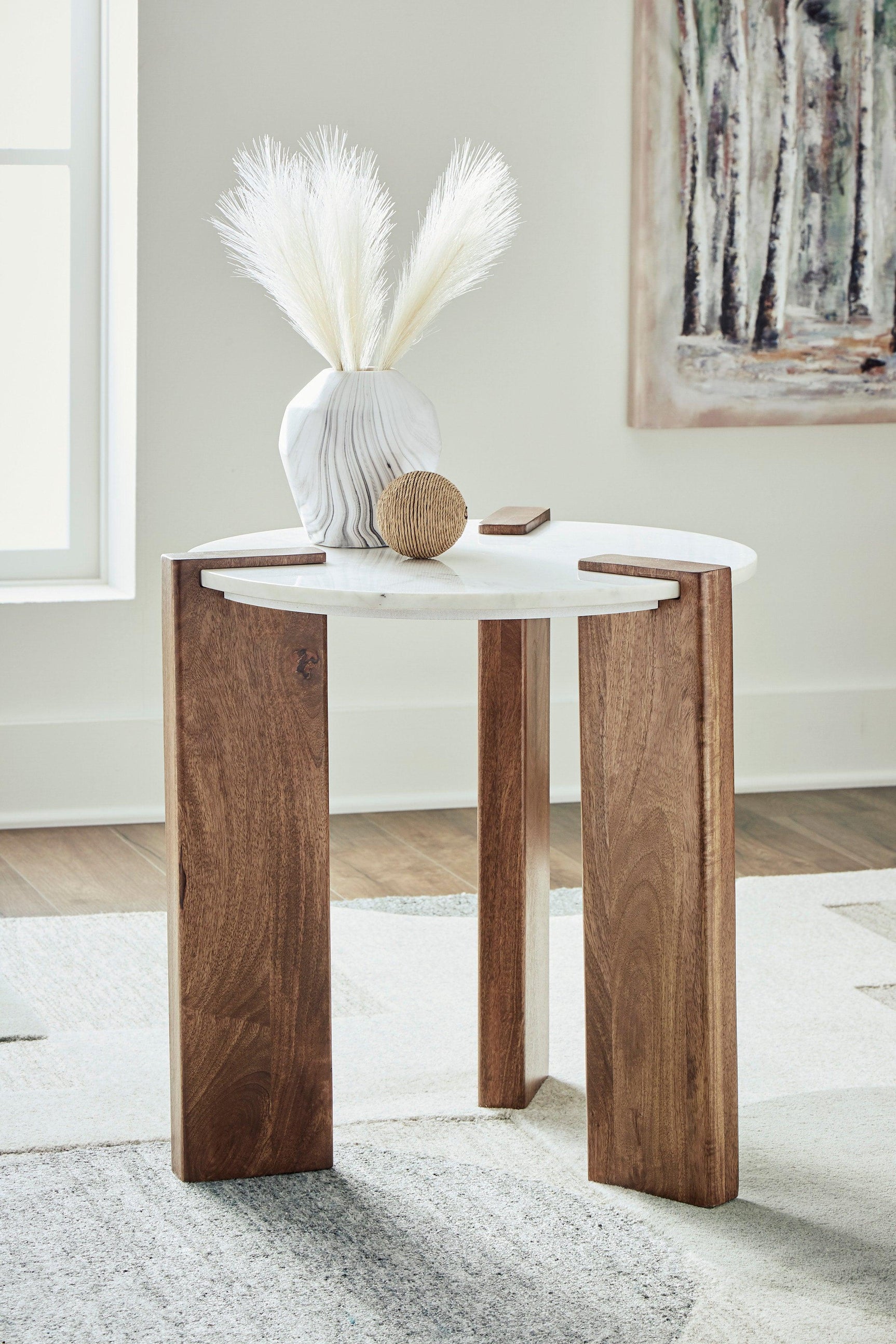 Isanti marble top occasional end table in white and brown, side angle