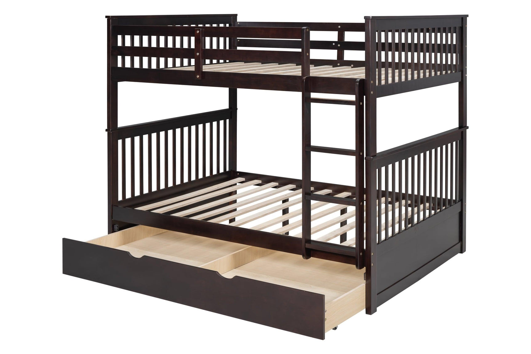 Close-up of espresso finish on solid wood bunk beds