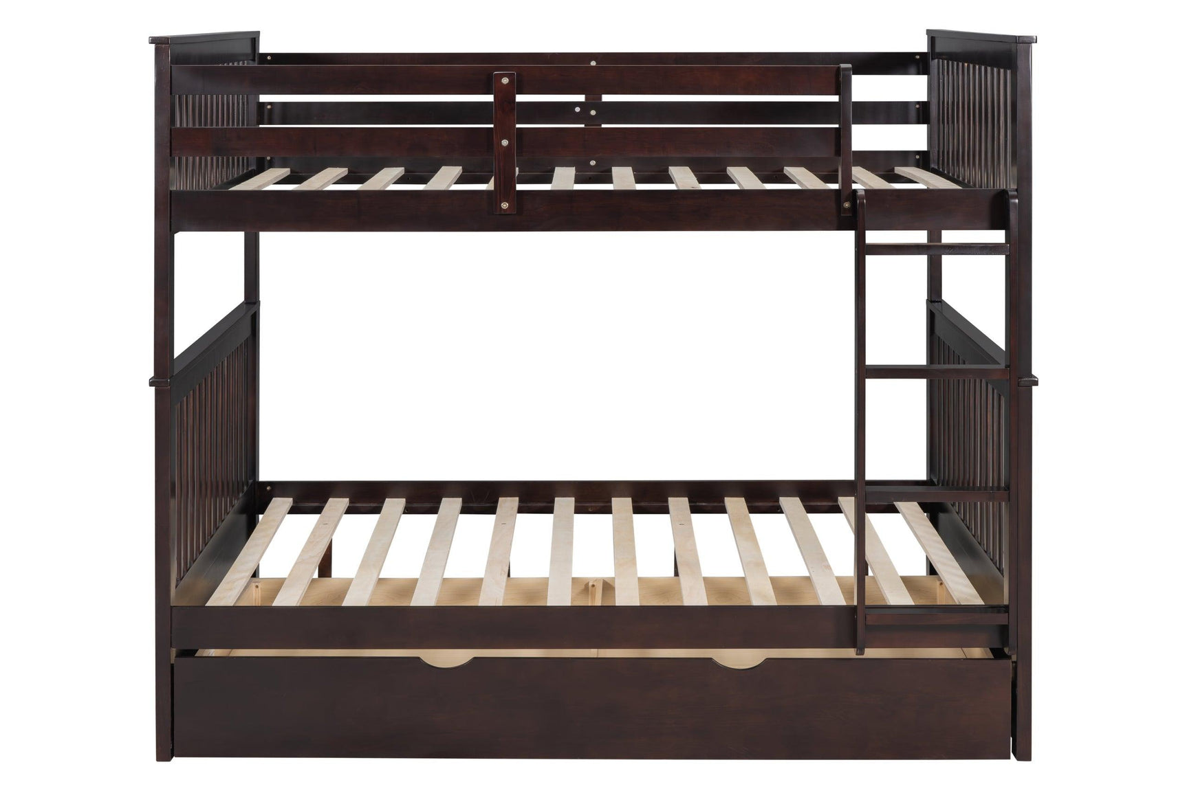 Trundle bed pulled out beneath twin bunk bed