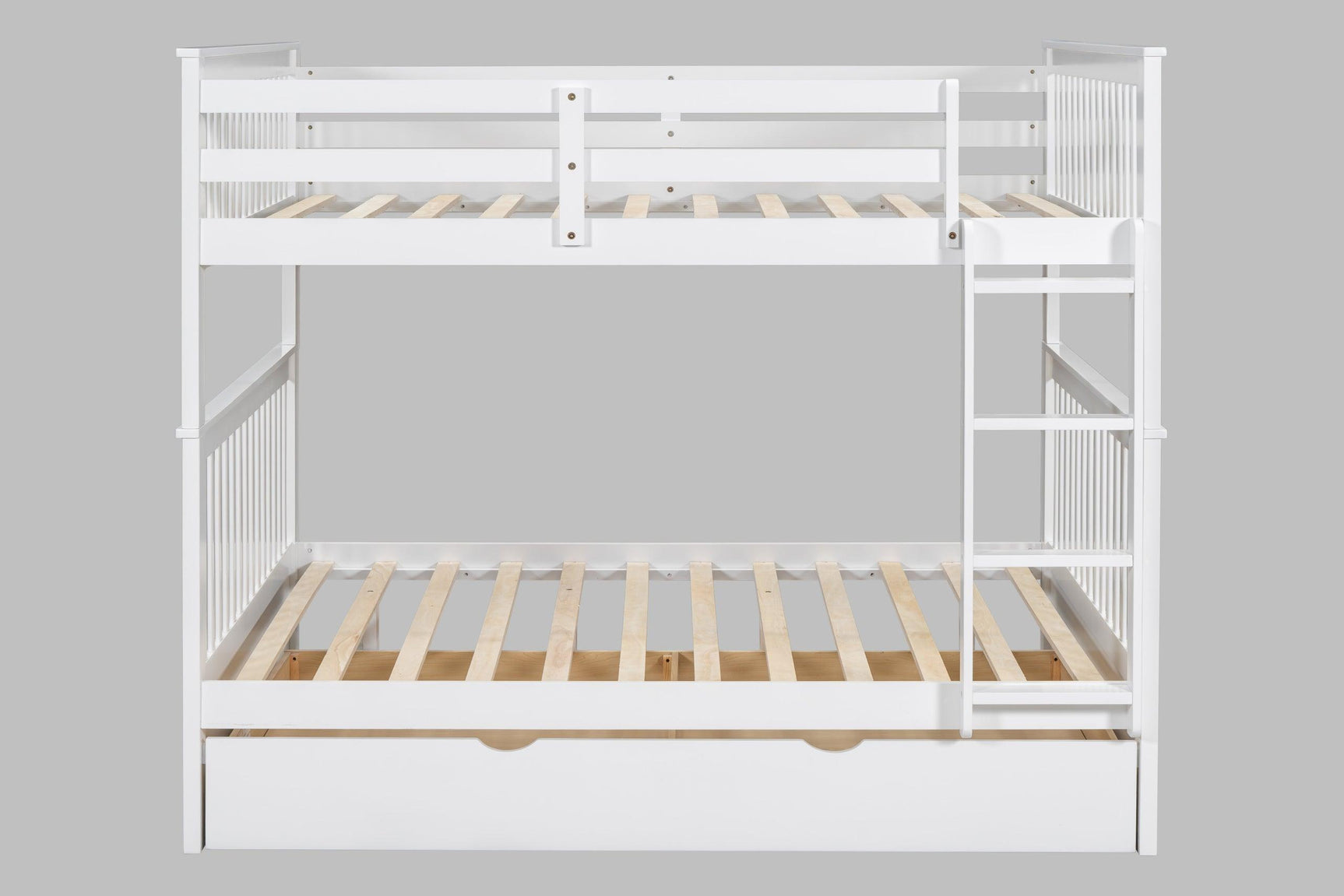 White bunk beds with trundle showing frame detail