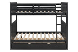 Side view of black solid wood trundle twin bed under bunk